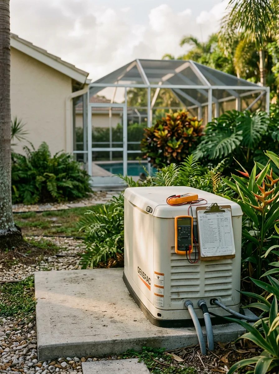 A generator service technician performing a diagnostic check on a residential standby unit in a Broward County backyard, with a suburban home and screened pool enclosure visible.