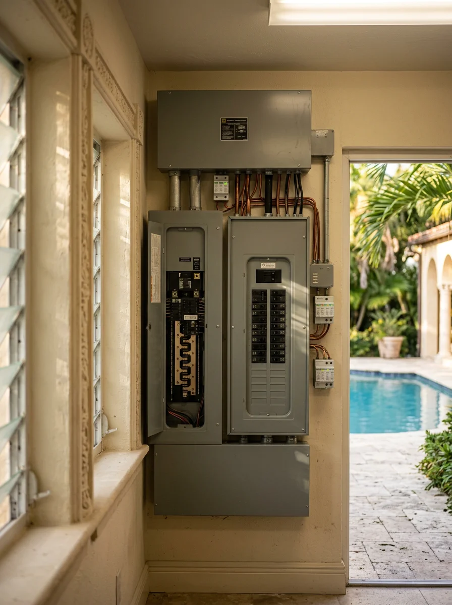 A technician performing an ATS installation at a large Coral Gables estate property, with a multi-panel electrical room and a private pool visible in the background.