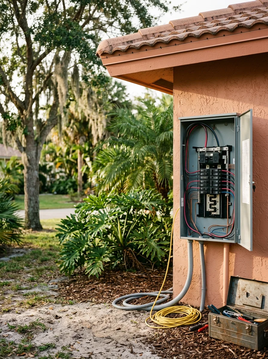 A technician replacing a transfer switch on a residential generator in a Coral Springs backyard, with a typical 1980s-era Florida home and mature landscaping visible.
