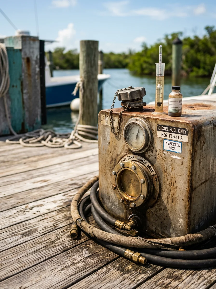 A technician inspecting a generator fuel tank at a marina property in the Florida Keys, with boat slips and salt-weathered dock structures visible nearby.