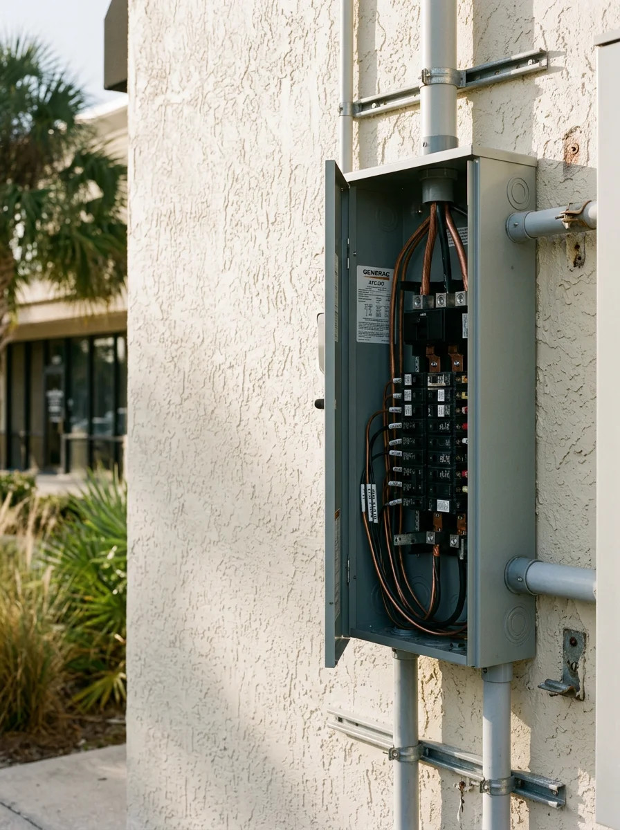 A generator service technician checking transfer switch connections at a commercial property along a Fort Myers commercial corridor, with a palm-lined parking lot visible.
