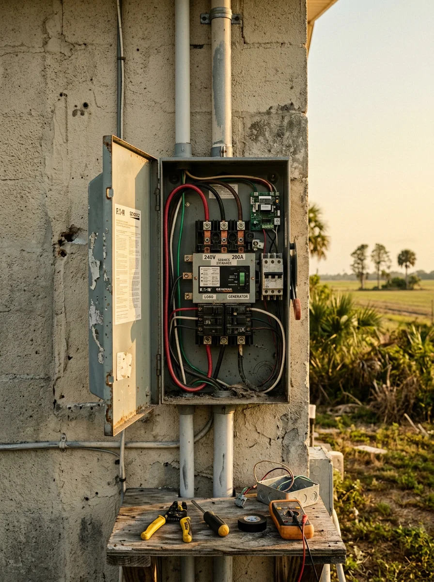 A technician testing a generator transfer switch at a residential property in Homestead, with agricultural fields and Everglades-adjacent landscape visible in the distance.