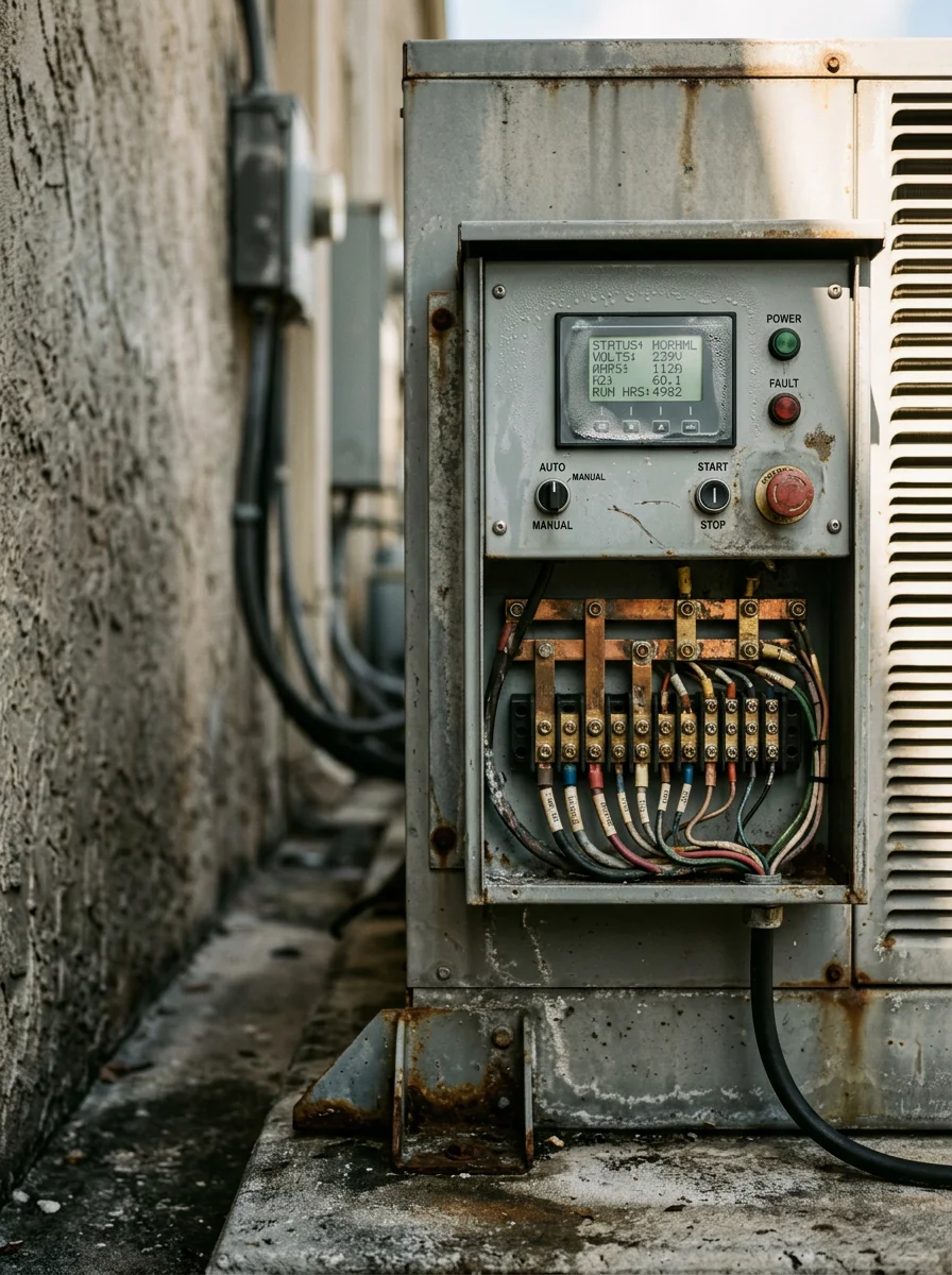 Close-up of a generator control panel showing corrosion-resistant terminal connections, photographed during a service inspection in a Miami-Dade commercial property.