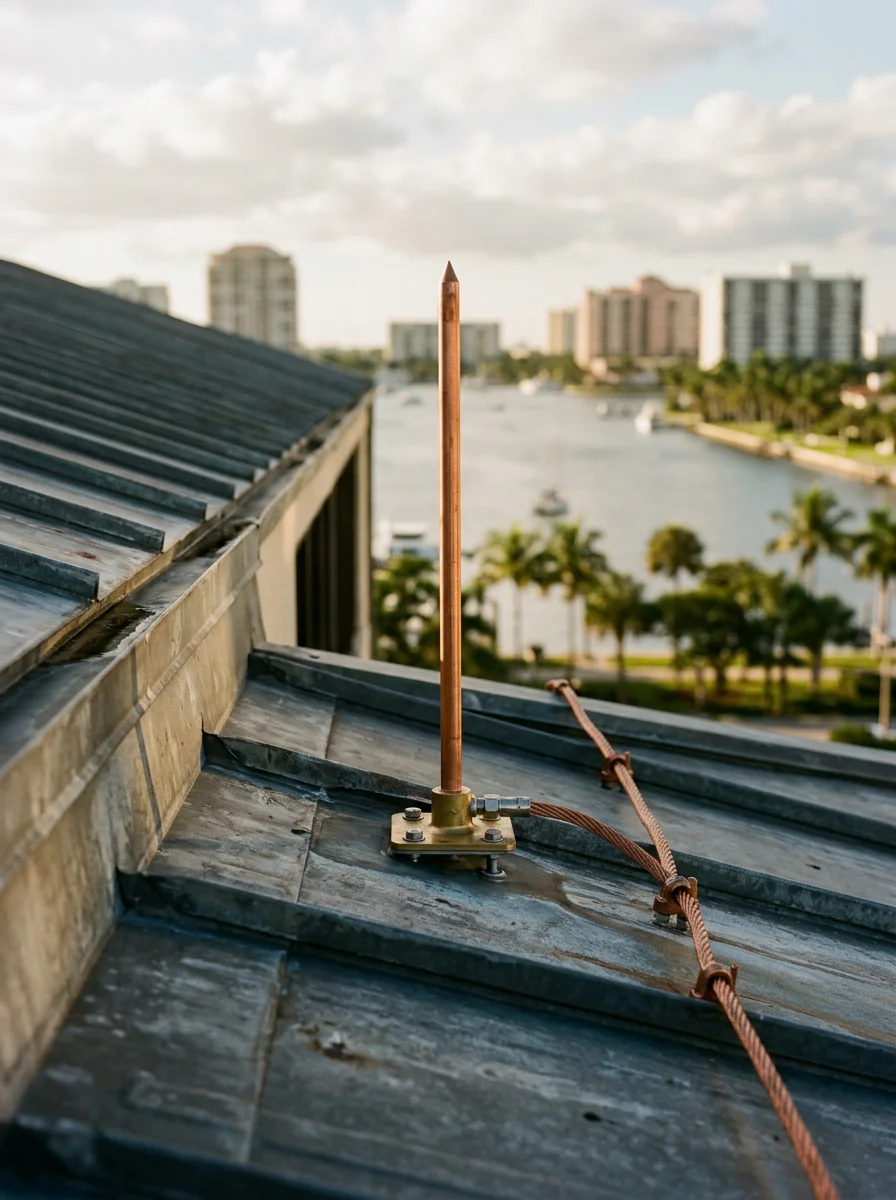 A lightning protection air terminal mounted on the roof of a West Palm Beach commercial building, with the Intracoastal Waterway and downtown skyline visible in the background.