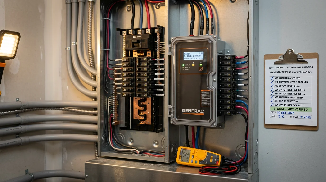 A technician inspecting an automatic transfer switch panel mounted on the exterior wall of a residential property in Miami-Dade, with a standby generator visible in the background. The enclosure is open, showing internal wiring and transfer switch components typical of South Florida backup power installations.