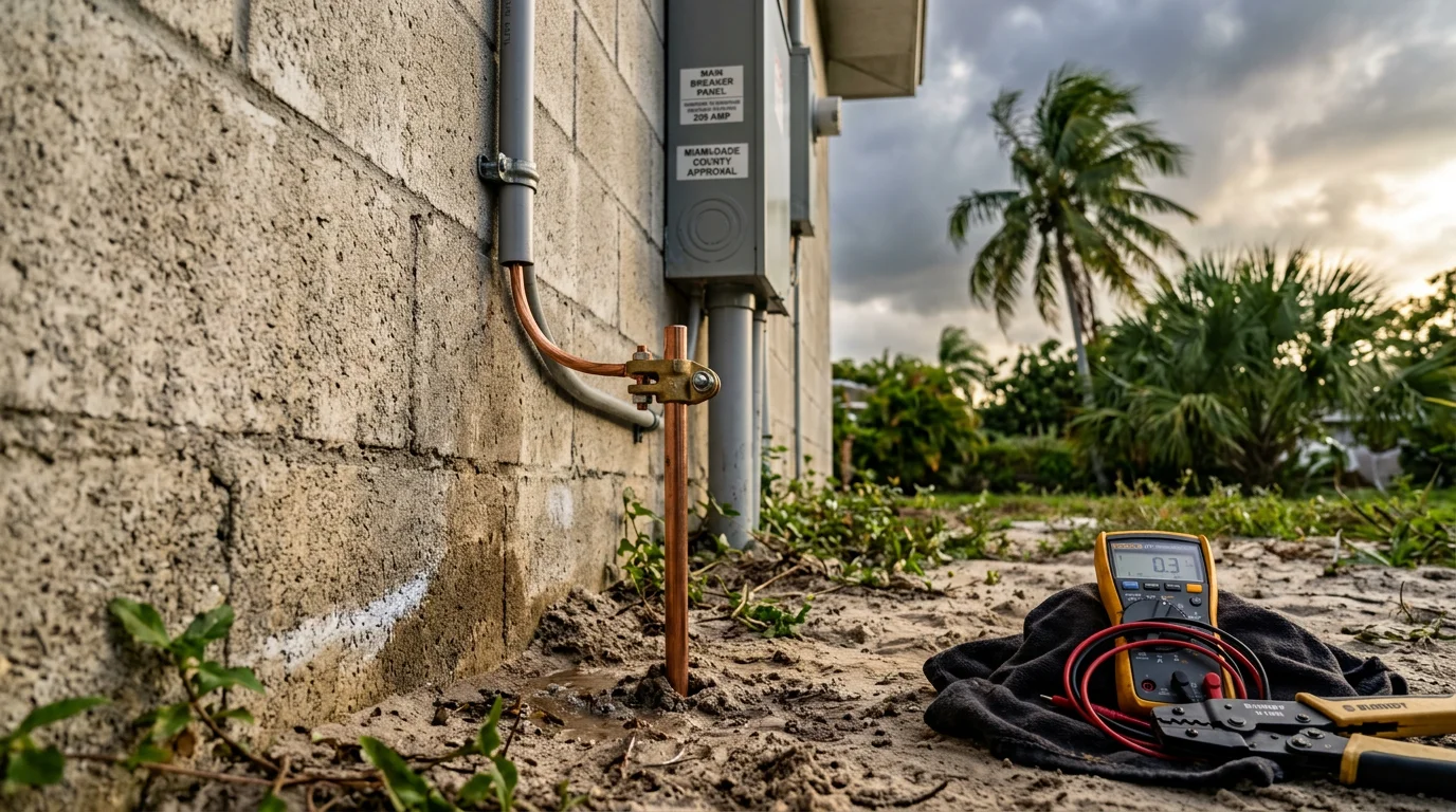 A grounding electrode system installation at a residential property in Miami-Dade, showing copper bonding conductors connected to the main electrical panel and grounding electrodes at the service entrance. The work reflects High-Velocity Hurricane Zone electrical code requirements for South Florida properties.