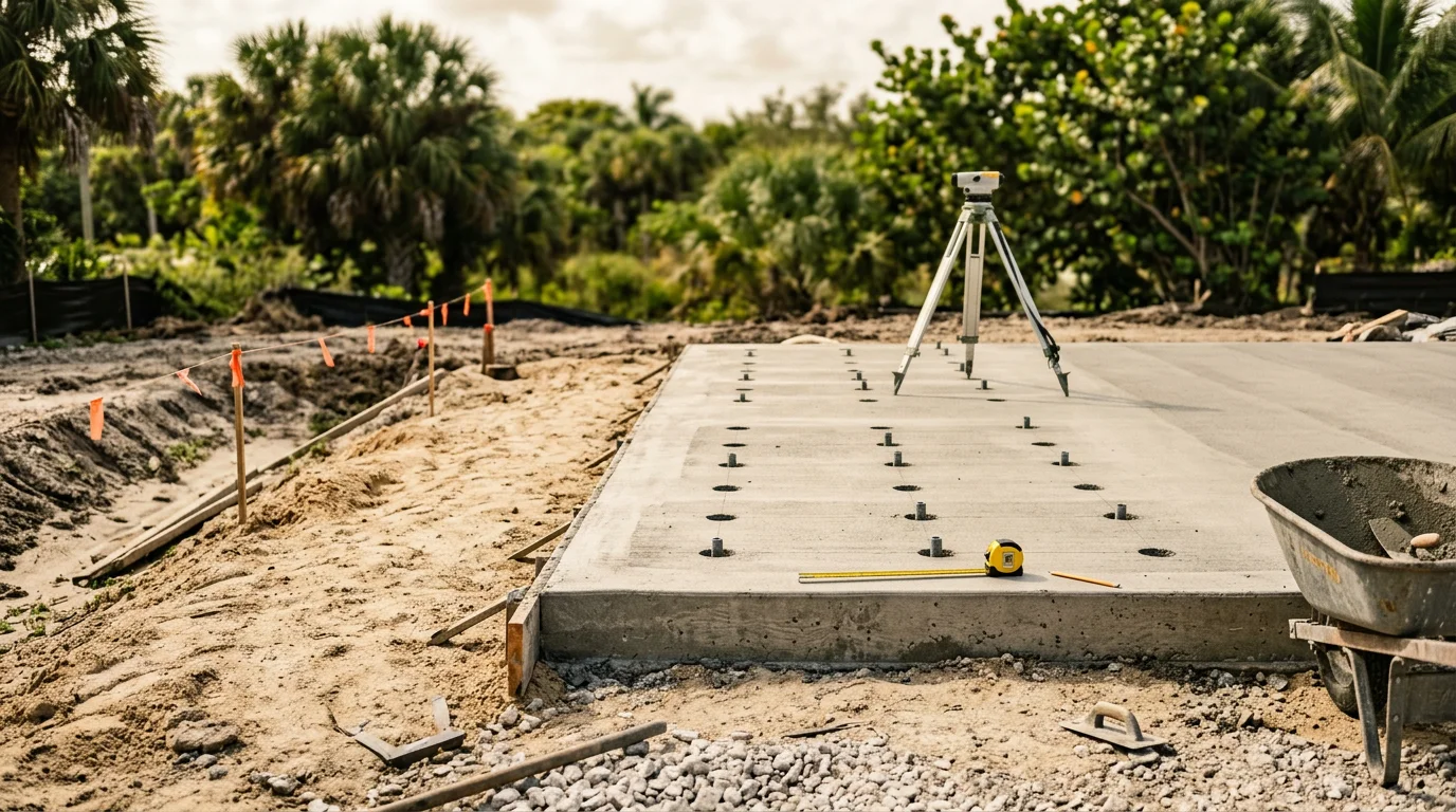 A freshly poured reinforced concrete generator pad installed at grade level beside a residential property in Miami-Dade, with anchor bolts set and the surrounding ground graded for drainage. The pad is sized to support a standby generator with clear service clearance on all sides.