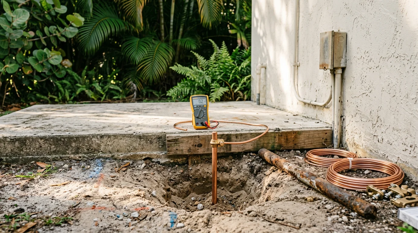 An electrician testing a grounding electrode connection at a residential electrical panel in Miami-Dade, with a corrosion-affected ground rod visible at the base of an exterior wall. The inspection setting reflects South Florida coastal conditions, with weathered concrete and outdoor electrical equipment in the background.