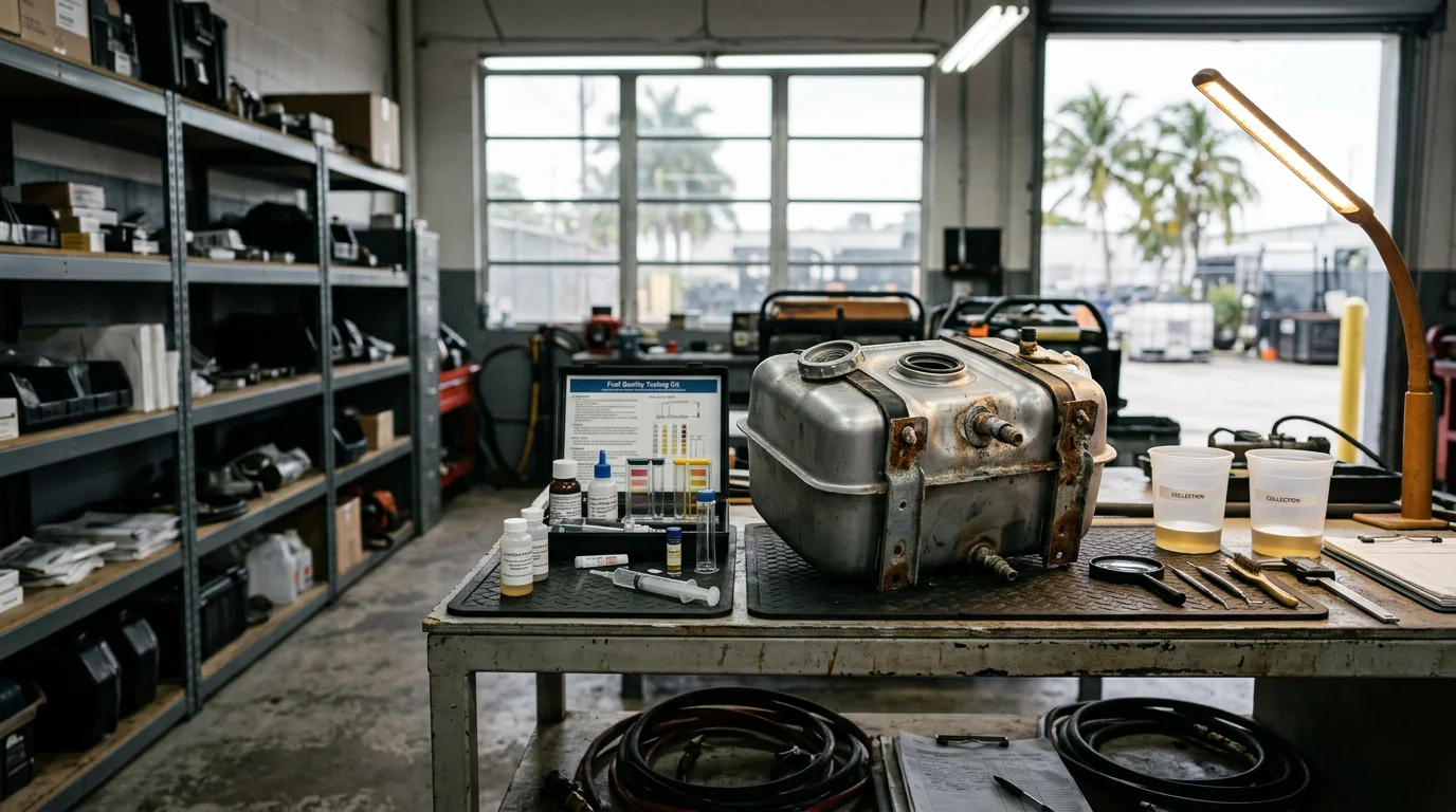 A generator fuel tank being inspected and serviced at a residential property in Miami-Dade, Florida, with a technician checking fuel lines and tank fittings for corrosion and contamination.