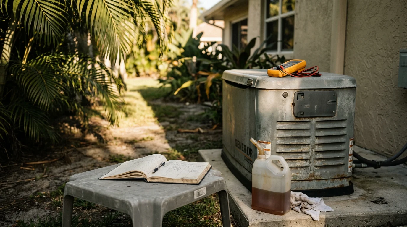 A technician inspecting and testing a standby generator at a residential property in Miami-Dade, Florida, with the unit running during a startup service check.