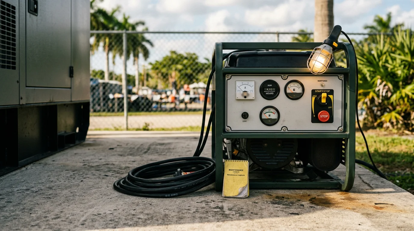 A rental generator positioned outdoors at a South Florida event venue in Miami-Dade, providing temporary power to lighting and sound equipment under a clear sky. The unit sits on level ground away from the tent structure, with power distribution cables running to the event setup.