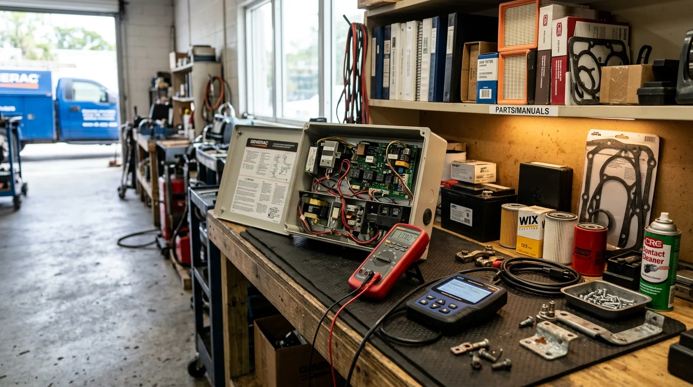 A technician performing generator diagnostics on a standby residential generator outside a home in Miami-Dade, with diagnostic equipment connected to the control panel. The unit sits on a concrete pad in a South Florida backyard setting.