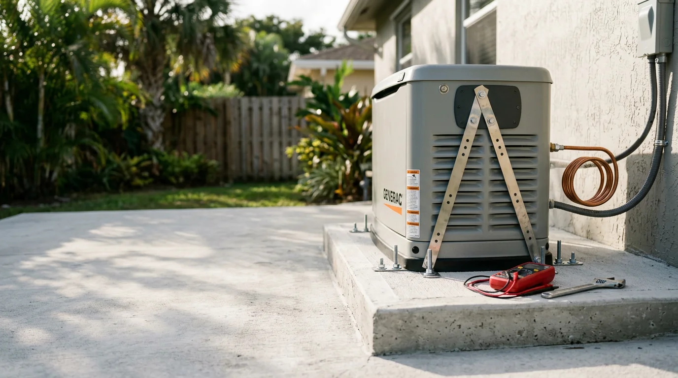 A permanently installed standby generator mounted on an elevated concrete pad beside a residential home in Miami-Dade, with secure anchor hardware visible and a transfer switch panel on the exterior wall.