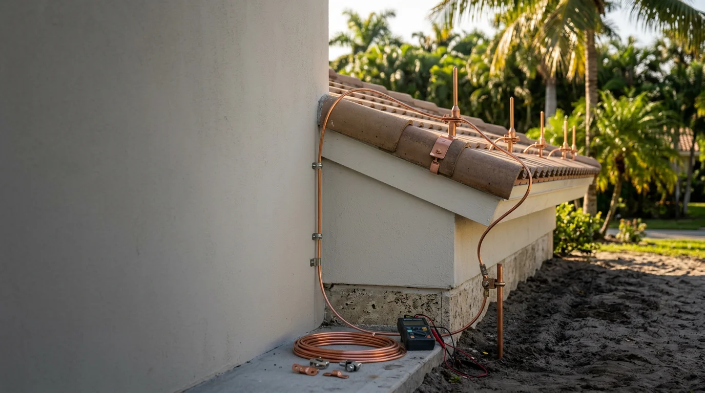 A completed lightning protection system installed on a residential roofline in Miami-Dade, showing copper air terminals and conductor cables secured along the exterior of a South Florida home. Ground-level view includes the grounding electrode connection point at the base of the structure.