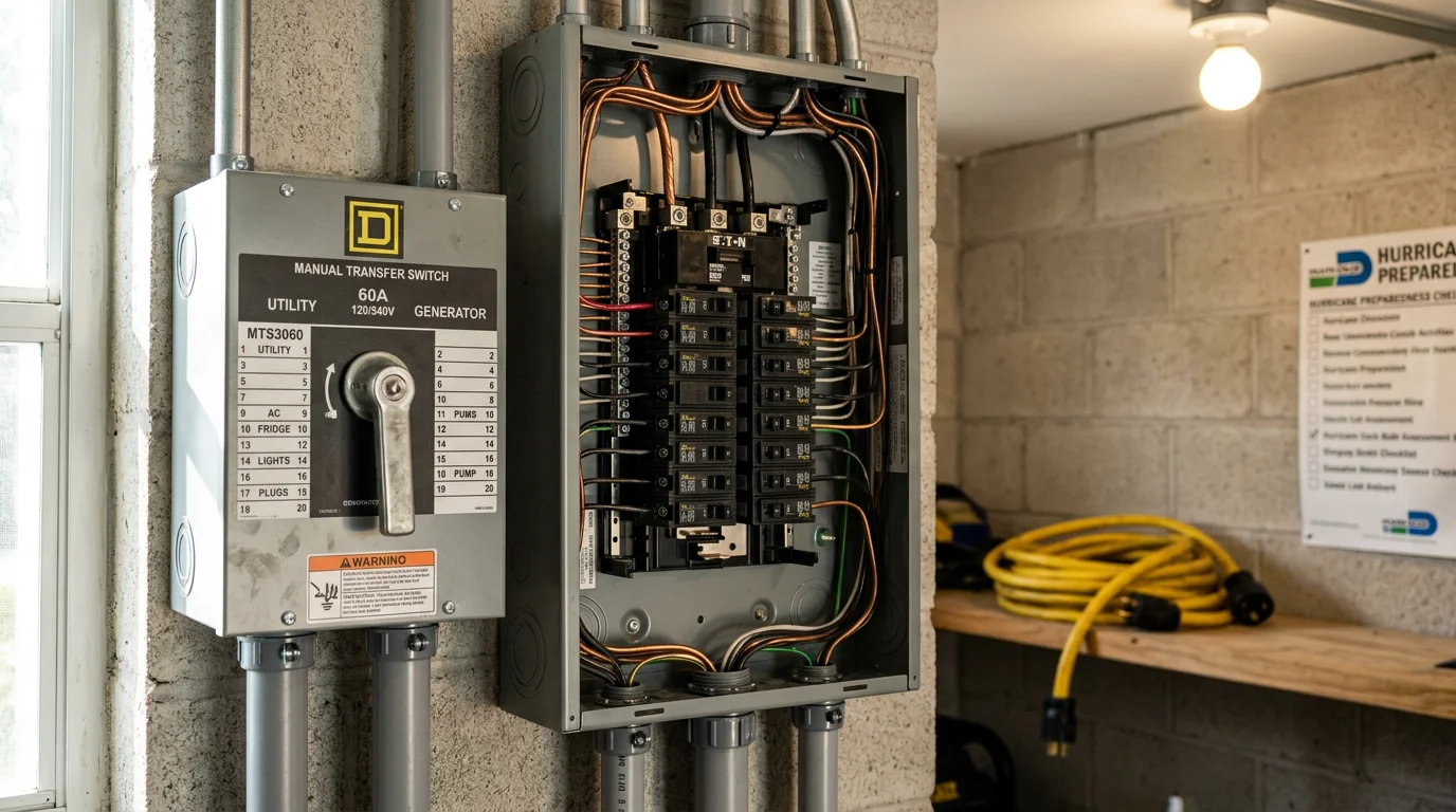 A manual transfer switch panel mounted next to a residential electrical service panel in a Miami-Dade home, with clearly labeled circuit breakers ready for generator connection. The installation shows a clean, code-compliant setup typical of South Florida properties prepared for hurricane season outages.