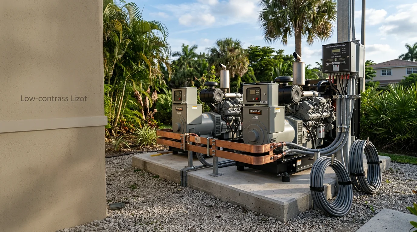 Two commercial generators connected in a parallel configuration outside a Miami-Dade commercial building, with visible wiring routed to a shared electrical bus panel. The installation shows a multi-unit backup power setup designed for large-load properties in South Florida.