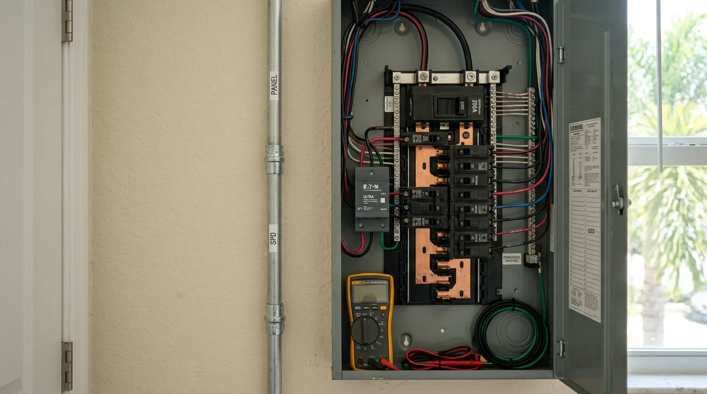 A surge protective device installed at a residential electrical panel in a Miami-Dade home, with visible panel wiring and a status indicator light. The installation is set against a concrete block wall typical of South Florida construction.