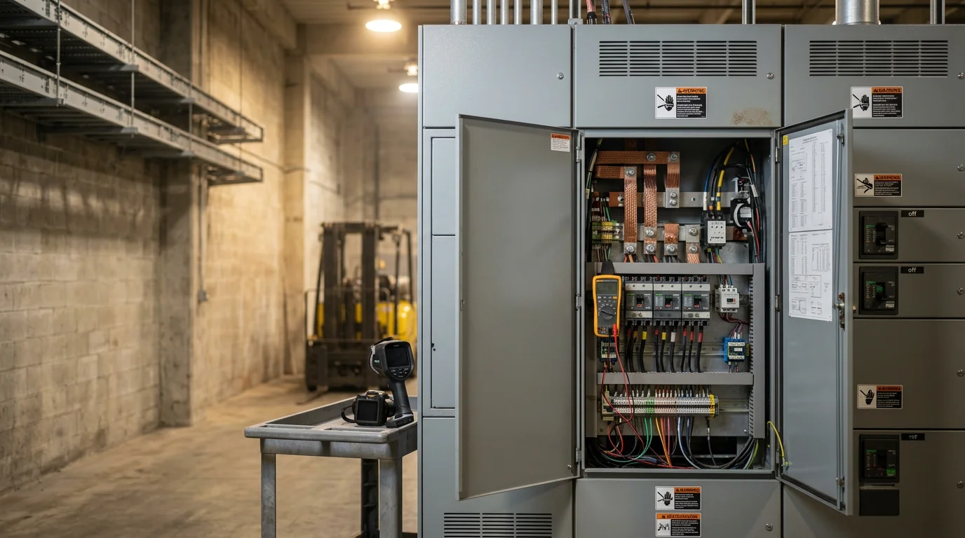 A commercial switchgear panel being inspected by an electrical technician inside a Miami-Dade facility. The equipment shows organized bus bars, circuit breakers, and labeled distribution components in an industrial electrical room.