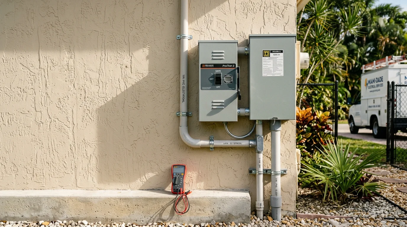 A technician inspecting a transfer switch panel mounted on the exterior wall of a residential property in Miami-Dade, with a standby generator visible in the background. The switch enclosure is open, showing internal wiring connections being evaluated for an upgrade.